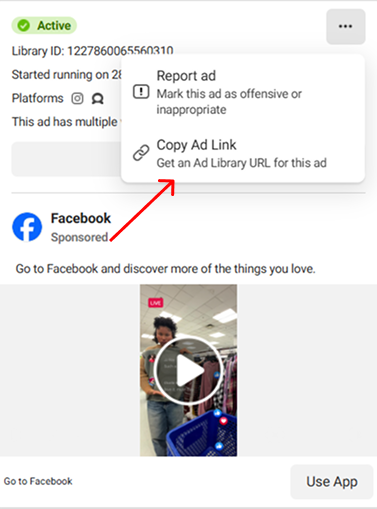 Copying ad link of an ad from Facebook ad manager