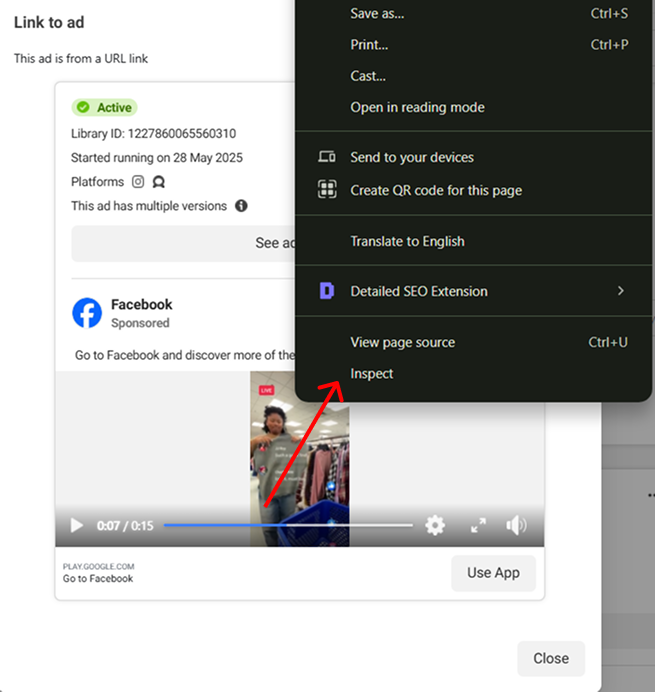 Inspecting the video in dev mode