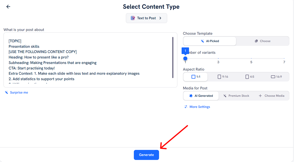 Writing a prompt for the social media content that will be created by Predis AI