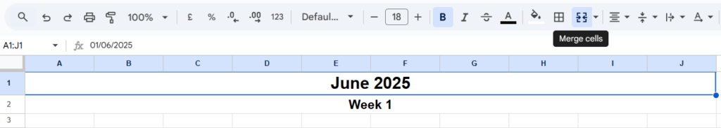 Merging cells to create a heading and a subheading in Google sheets - making a social media calendar