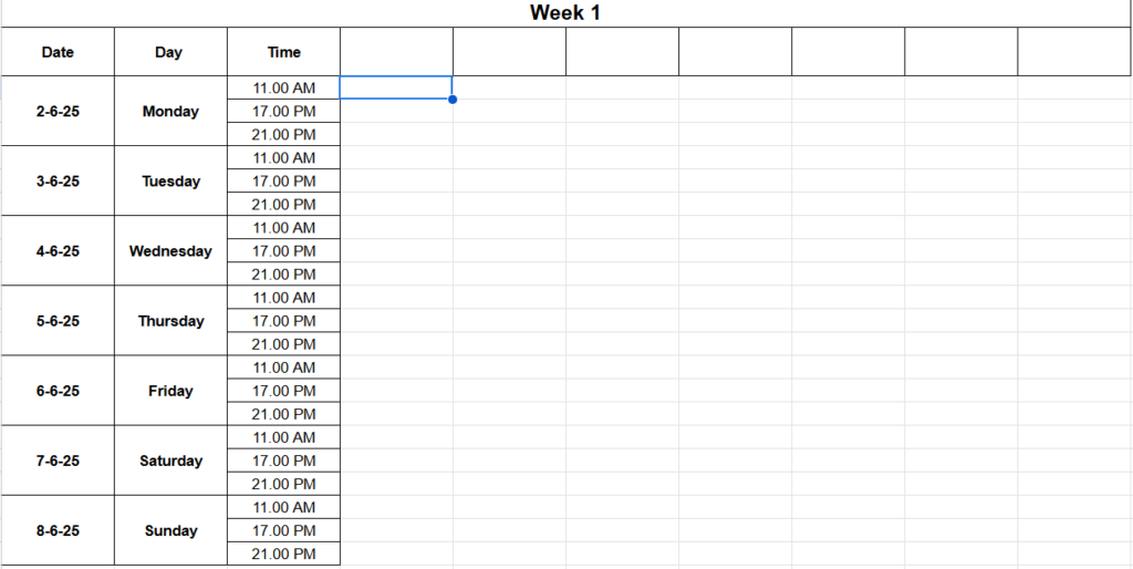 Populated the date, day and time columns in the weekly calendar