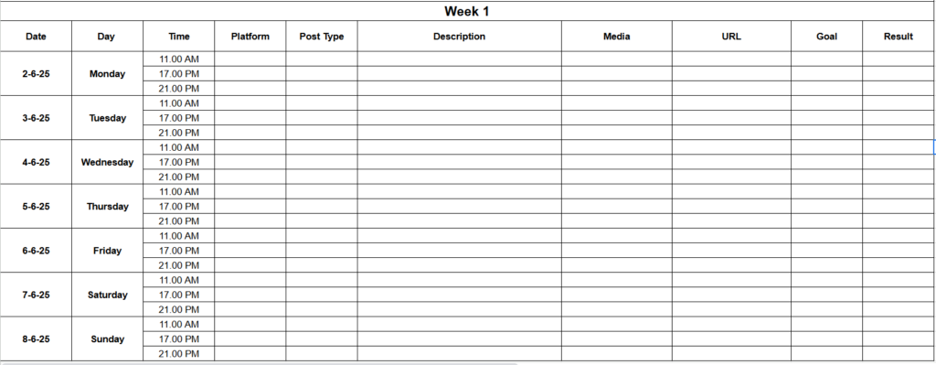 naming the columns in the weekly calendar