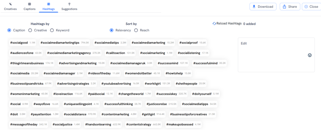 Hashtag suggestions by Predis AI