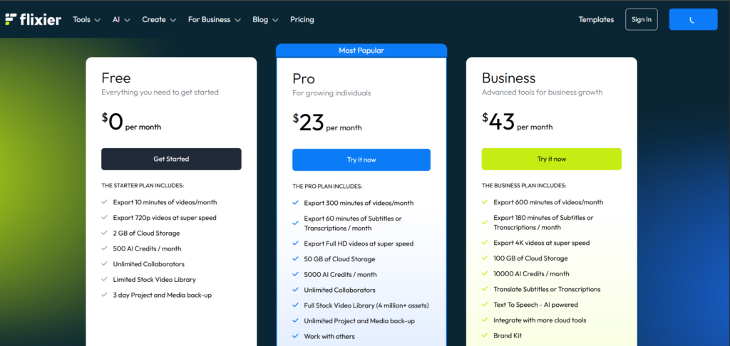 Flixier pricing page
