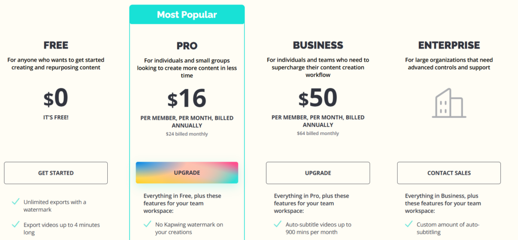 Kapwing pricing page