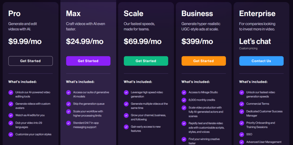 Captions pricing page