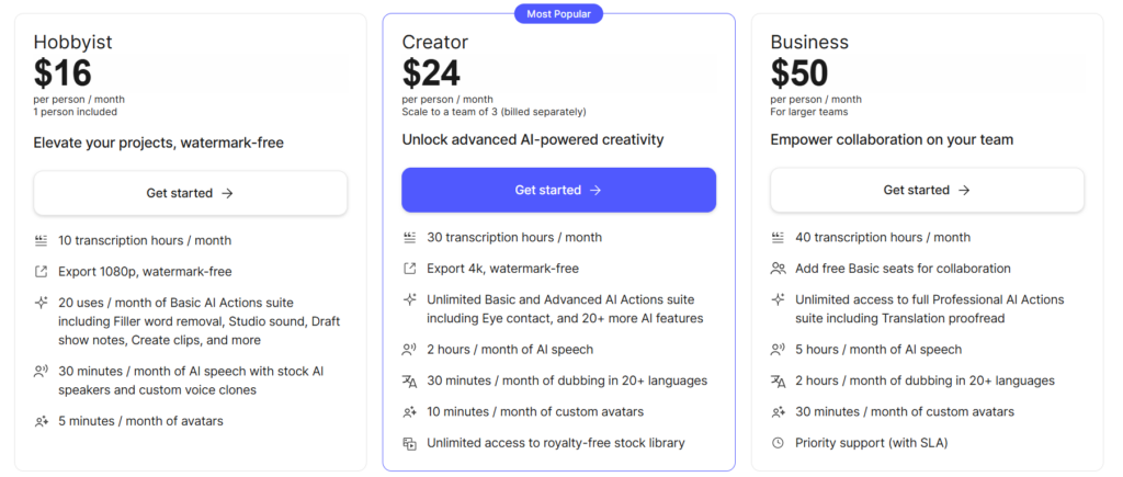 Descript pricing page