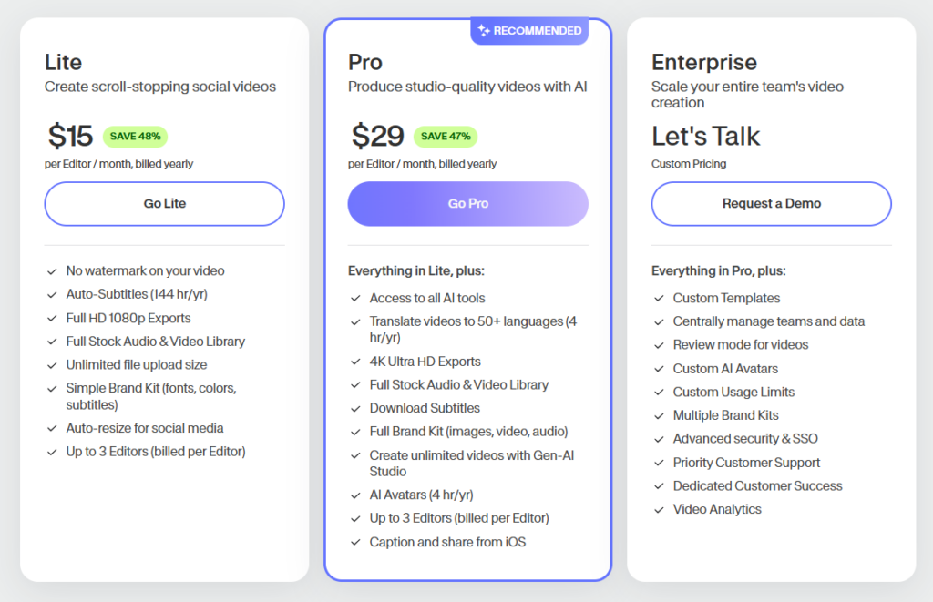 Veed IO pricing page