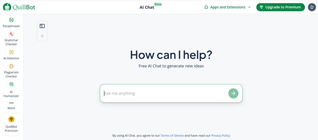 quillbot AI chat interface