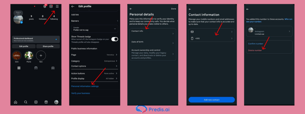 Removing phone number in Instagram account through phone