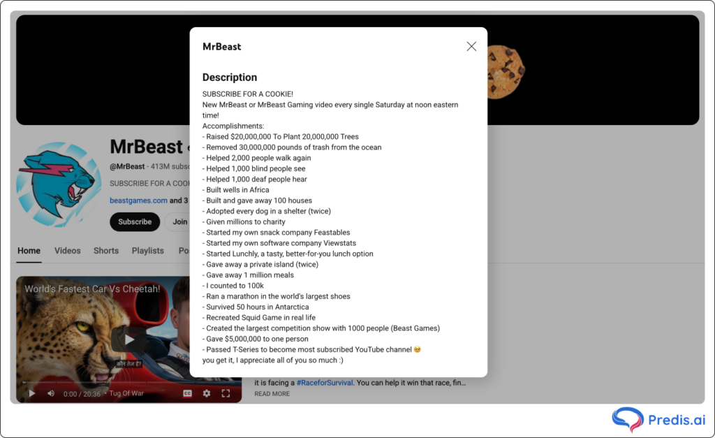 Mrbeast's optimized description and Youtube channel