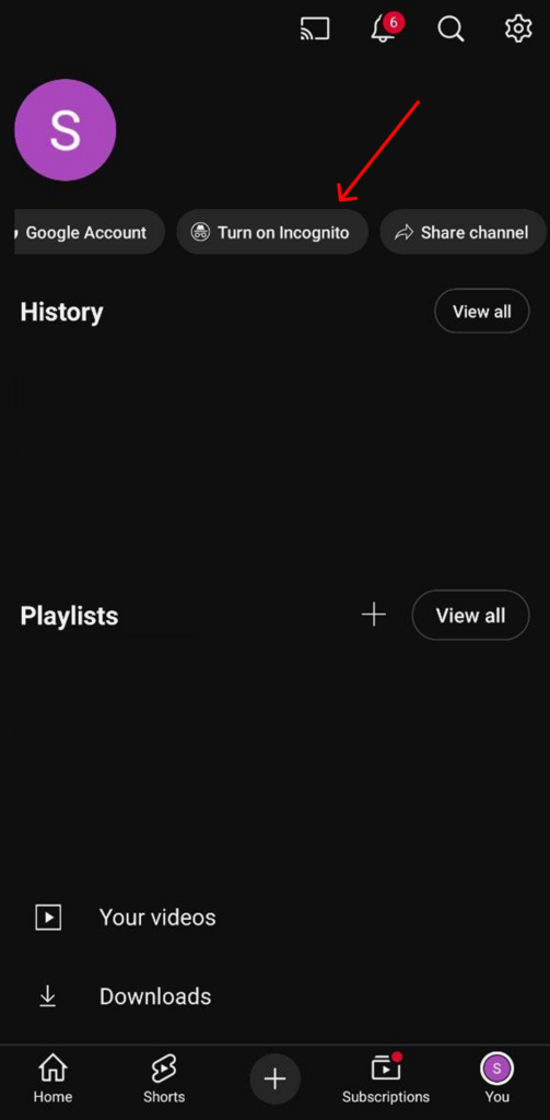 Turn on incognito profile in YouTube