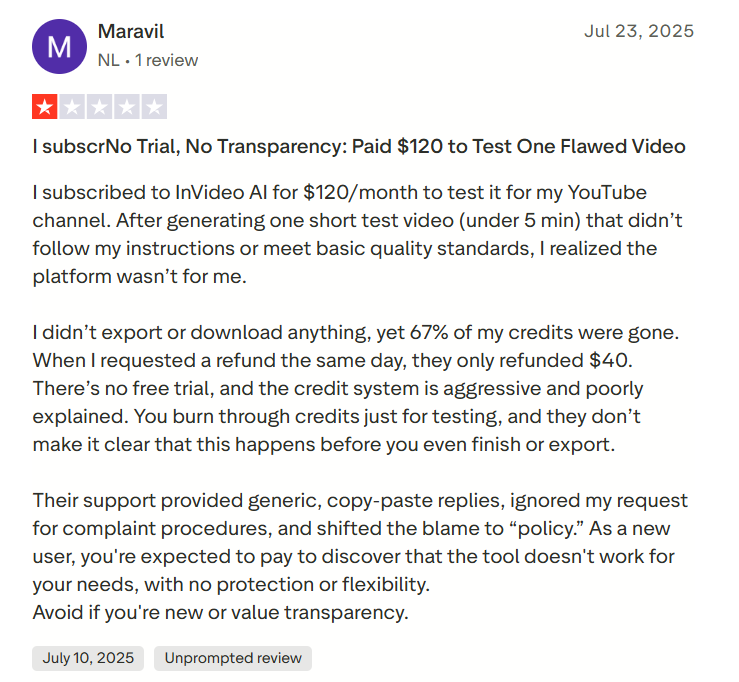 Invideo AI bad reviews