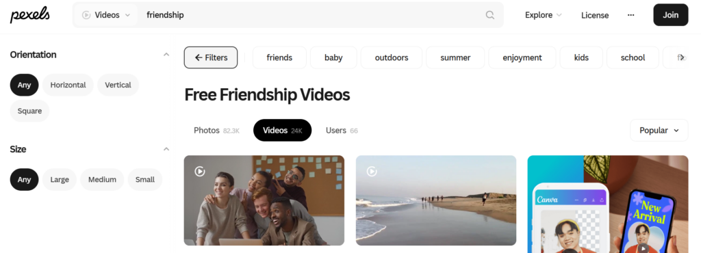 Pexels search results and filters page