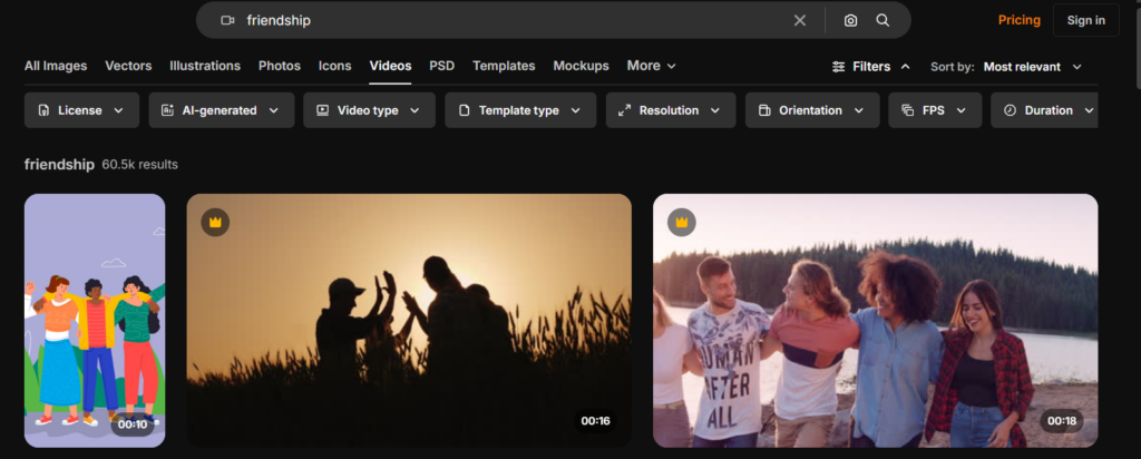 Freepik search results and filters page