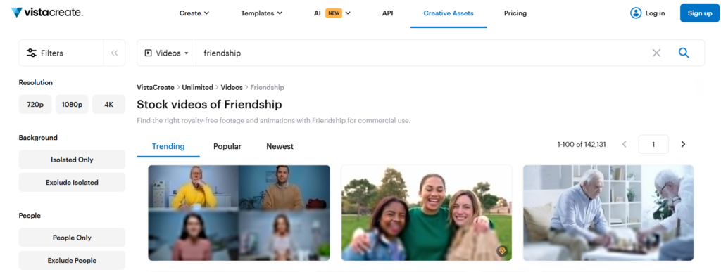 Vistacreate search results and filters page
