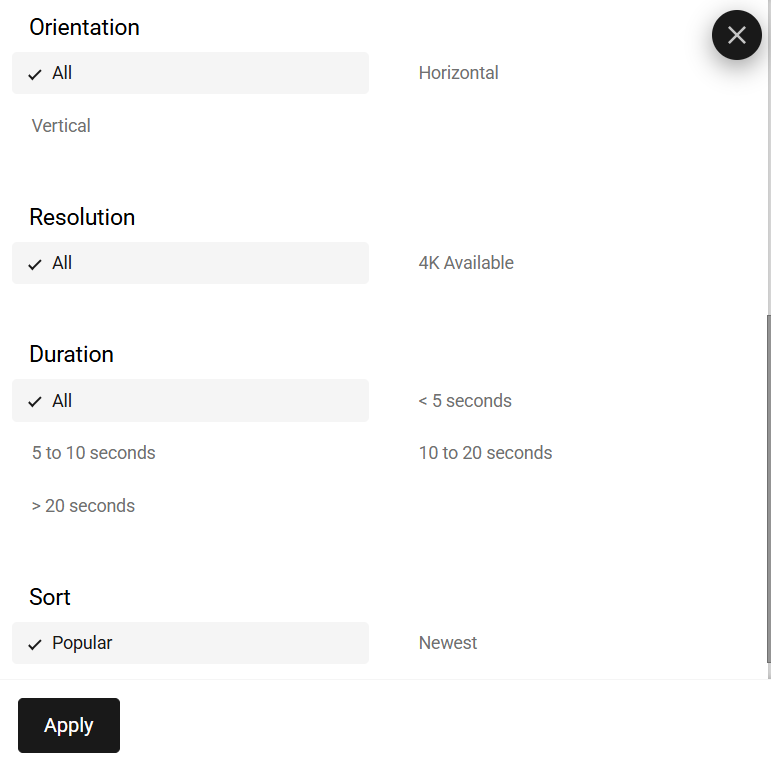 Mixkit search results and filters page
