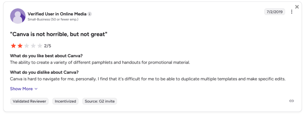 Reviewers mentioning that Canva was hard to navigate for them