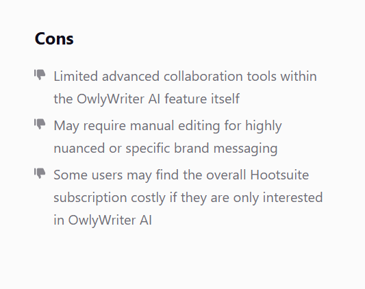 Review about Hootsuite's OwlyWriter AI on its limited collaboration and robotic output