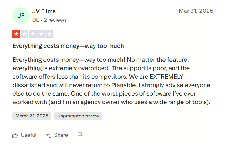 Planable customer support was reported to be inadequate