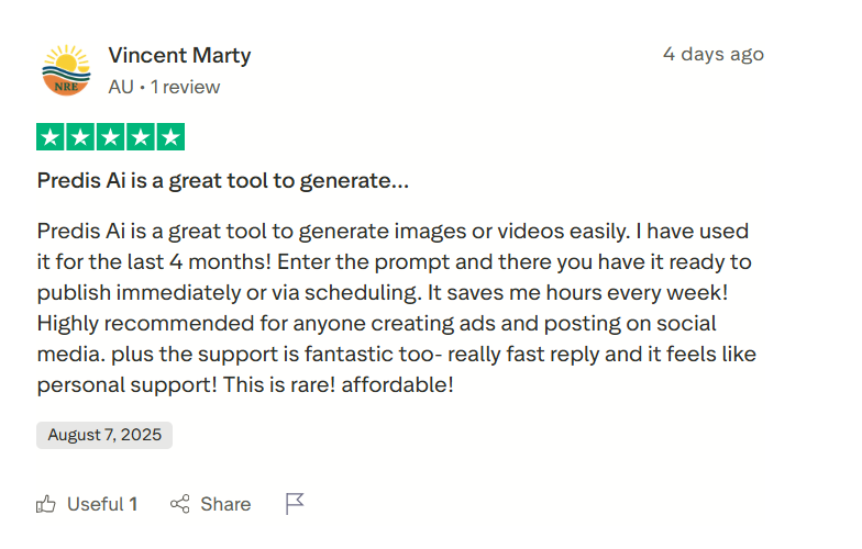 Positive reviews about Predis AI on their ease of use and good quality outputs