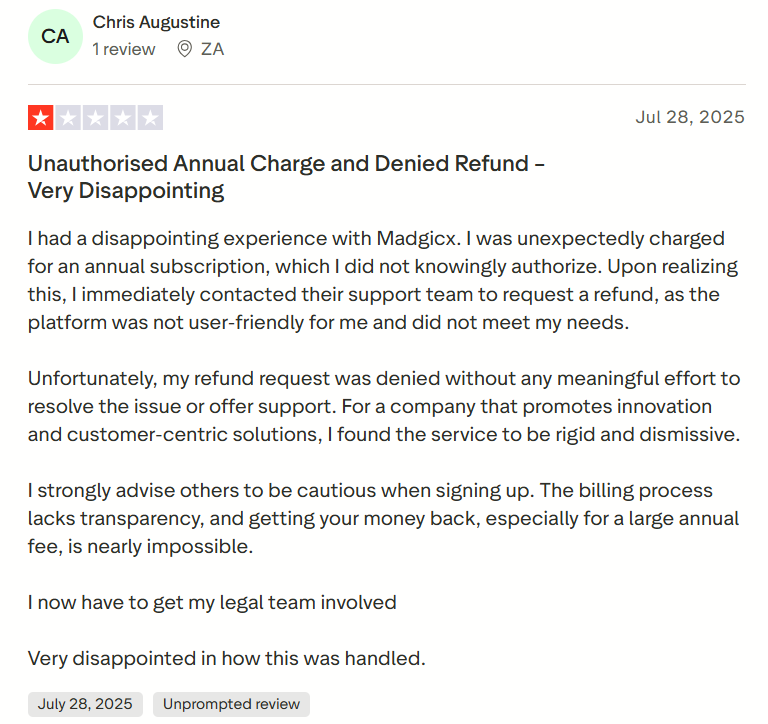 Madgicx review that says annual charges were placed within the trial period itself and refund was not provided