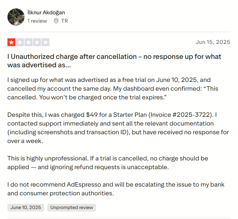 Adespresso was accused of adding charges despite cancelling subscription