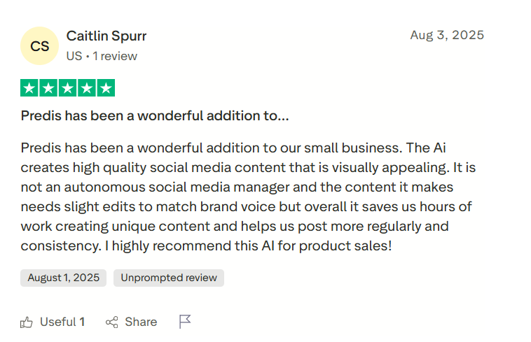 Reviews on Predis AI mentioning the high-quality output and how time saving the tool is
