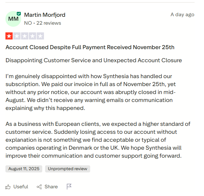 Synthesia clients claimed that the company closed the account despite paying