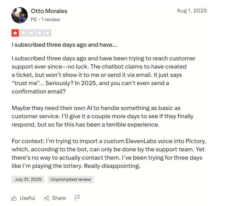 Pictory ai customers accusing them of not providing adequate customer support