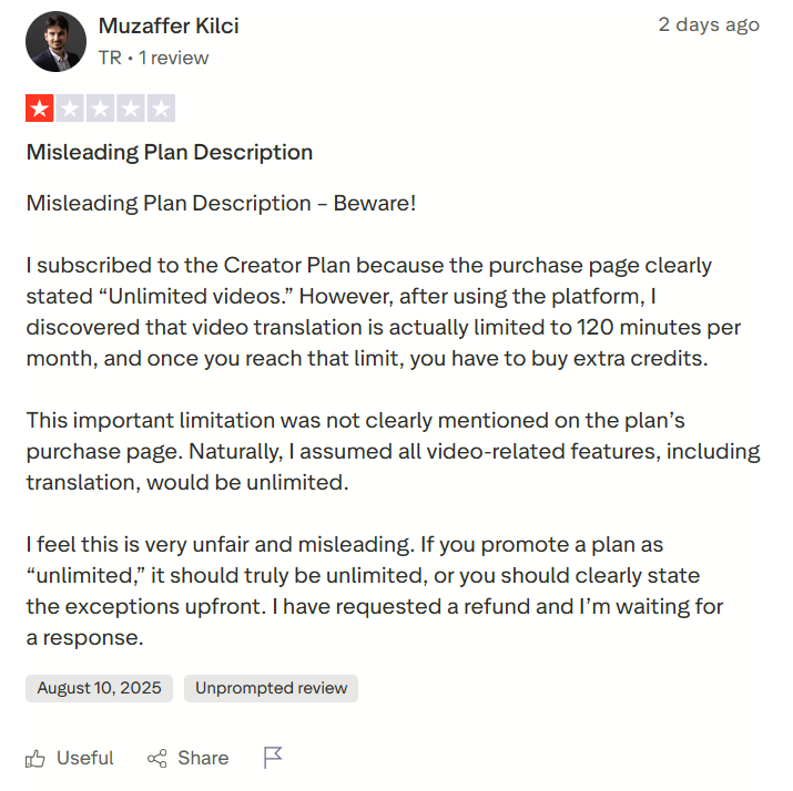 Some users reported that HeyGen posted misleading information on their website. Where their website says unlimited content creation, the tool only allows 120 minutes of content