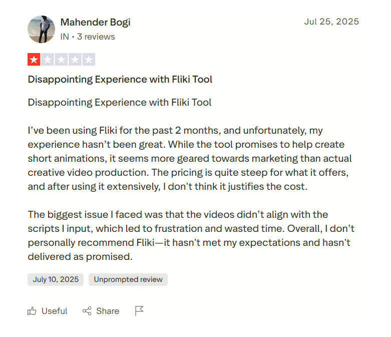 Fliki users said that the price was steep for the product and the video did not align with the prompt