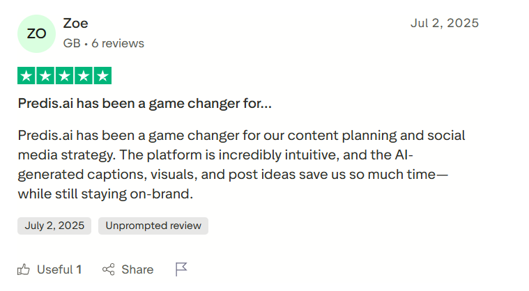 Predis AI review where the user says that the product has been a gamechanger for them
