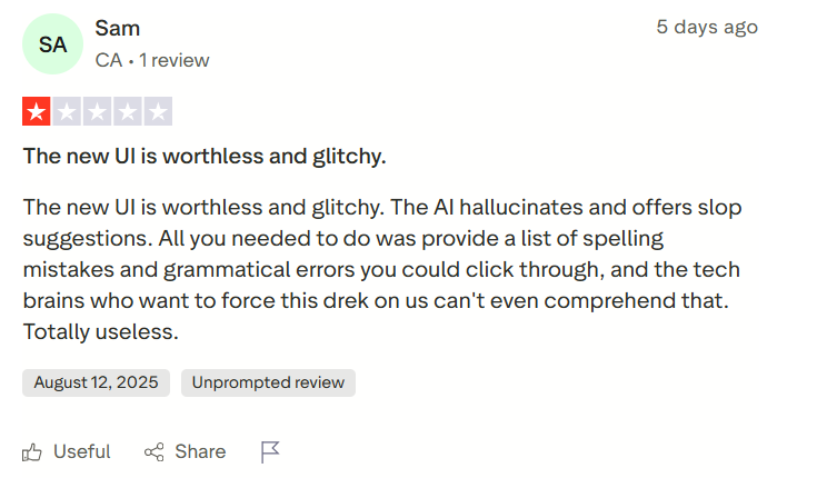Grammarly's AI was accused pf being glitchy and not user-friendly