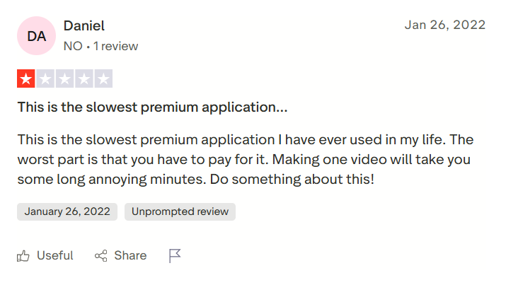 Lumen review stating that the video processing time is too long
