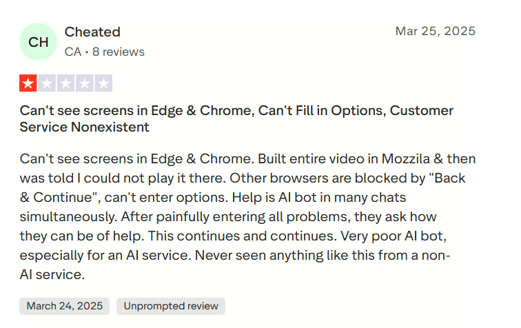 Invideo review where the user is reporting their issues of being unable to use it in different browsers. They have also complained about the inadequate customer service.
