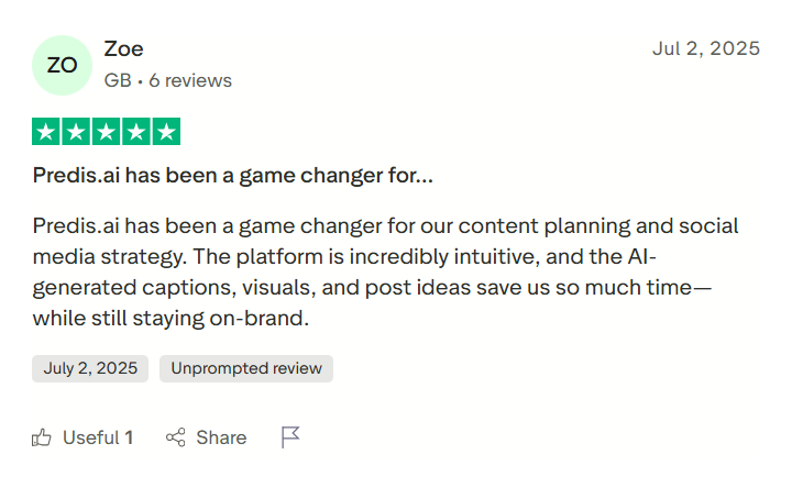 Predis AI review where the customer is saying that the product helped them save so much time while creating stellar content