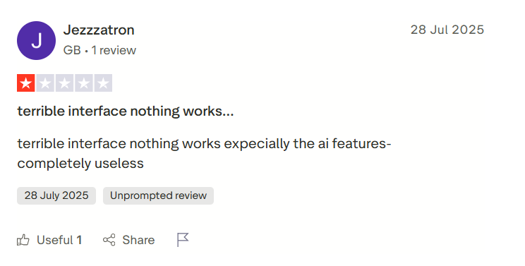 A canva review where the customer is mentioning the product as useless and that none of the features work