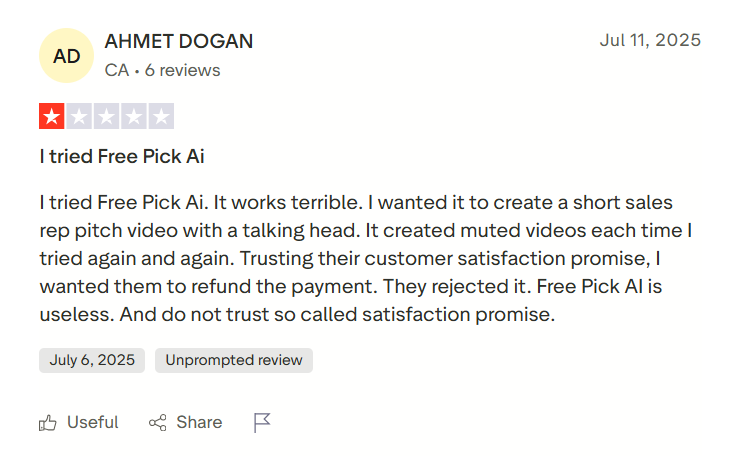 Freepik AI review where the customer claimed the AI tool created sub-par video content and they were not offered a refund as well