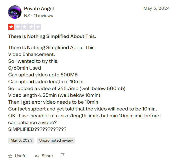 Simplified user complains that the video enhancement feature kept throwing errors at them, despite uploading a video within the maximum limit