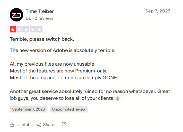 A user reviewing that Adobe express has become unusable now and all the good features are now only available to premium subscribers.