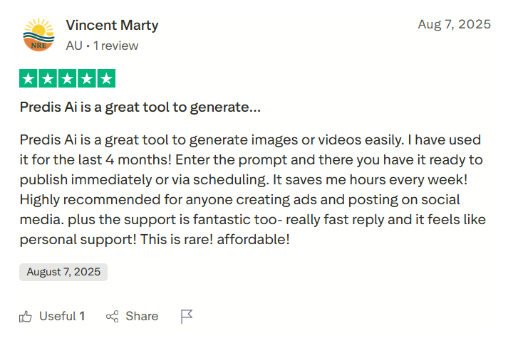 Predis AI review where the client is mentioning that the tool generates images and videos realistically and is time saving