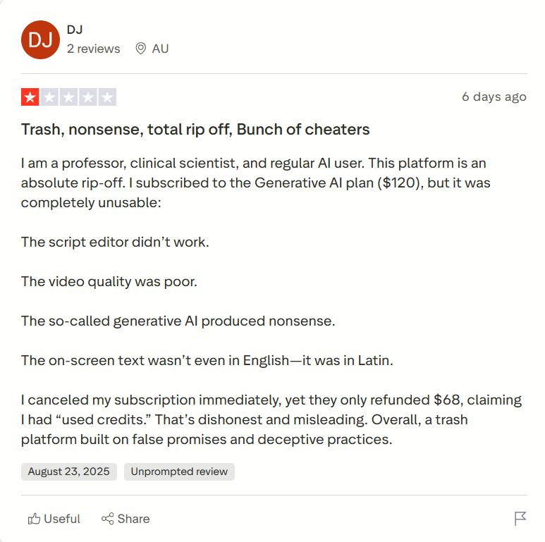 A customer said that Invideo is a rip-off,   where the video output quality is very less and the credits ran out faster