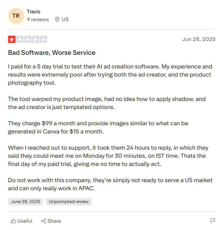 Quickads user mentioned that the output was not good, the tool was overpriced. 