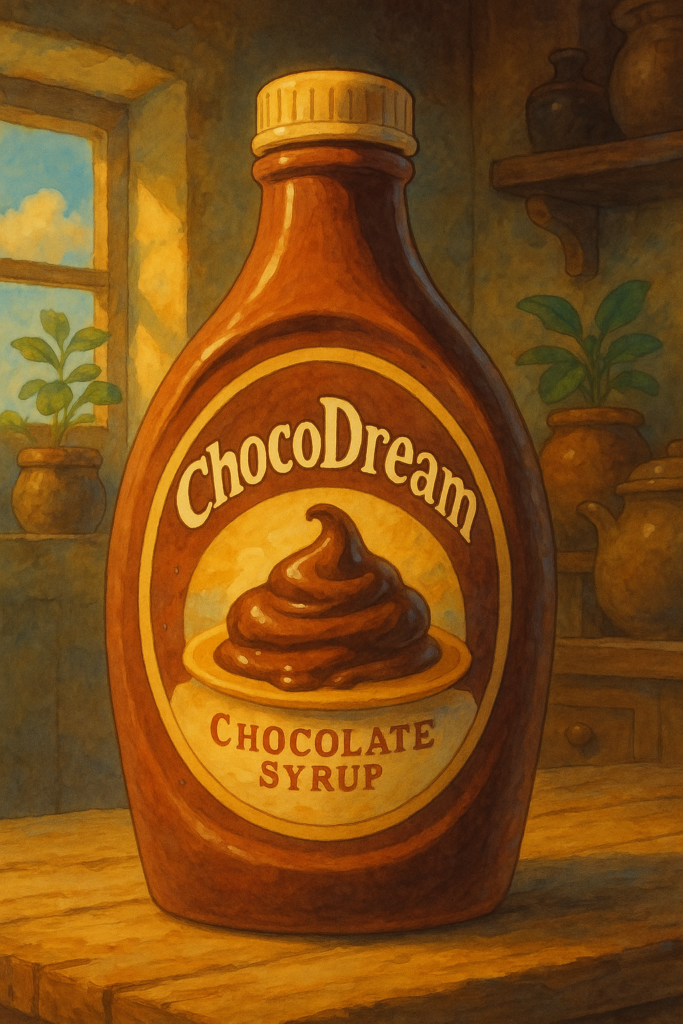Testing out how ChatGPT adds text to images through a ghibli style image of a chocolate syrup bottle