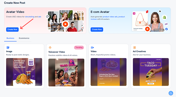 Choosing the avatar video option to start making the video
