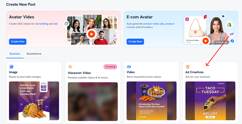 Click on the ad creatives option in Predis AI to start making an Instagram ad for your shopify business