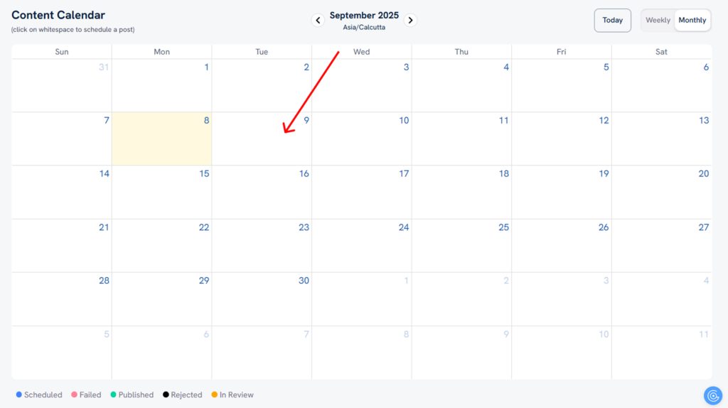 Clicking on the day that you want to schedule the post on in Predis AI built in content calendar