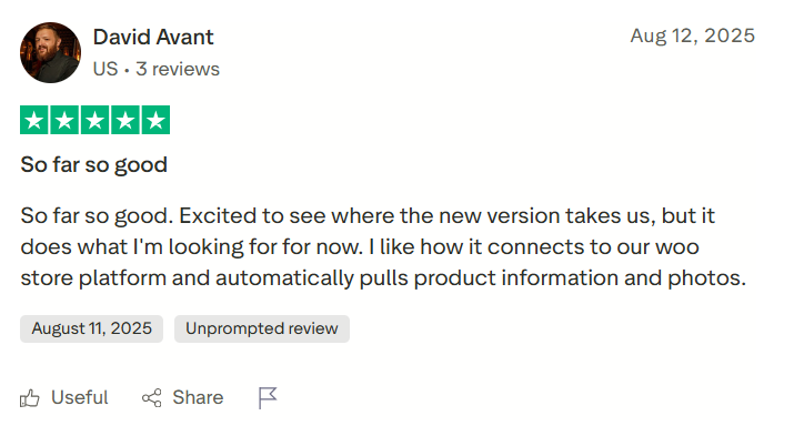 A Predis AI user praising the tool for having woocommerce connectivity and making good product video content