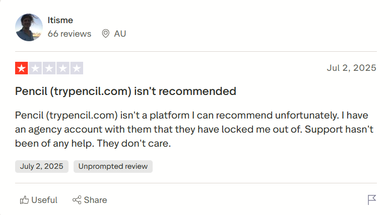 A Pencil AI tool user reported that they got locked out of their agency account despite paying and support was not helping out as well